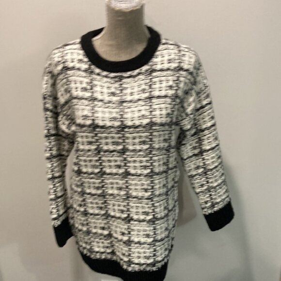 WOOL Knit White Black Tweed Crew Neck Sweater - Picture 9 of 12